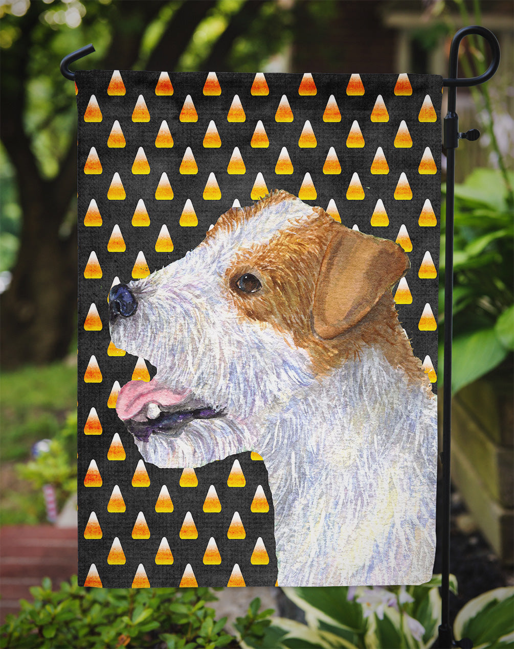 Jack Russell Terrier Candy Corn Halloween Portrait Flag Garden Size.