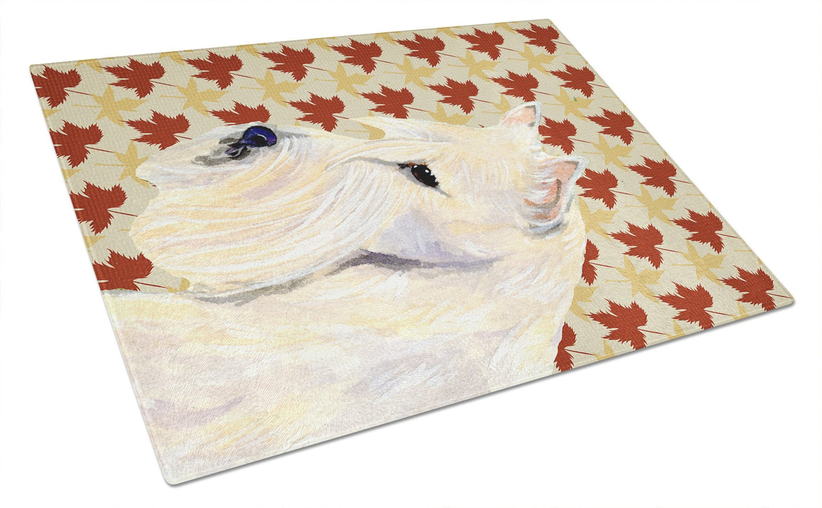 Scottish Terrier Wheaten Fall Leaves Portrait Glass Cutting Board Large by Caroline's Treasures