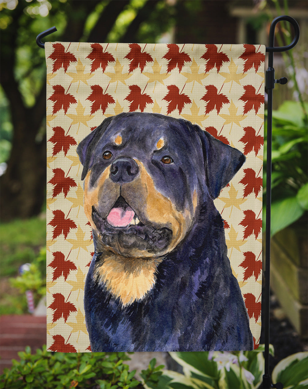 Rottweiler Fall Leaves Portrait Flag Garden Size