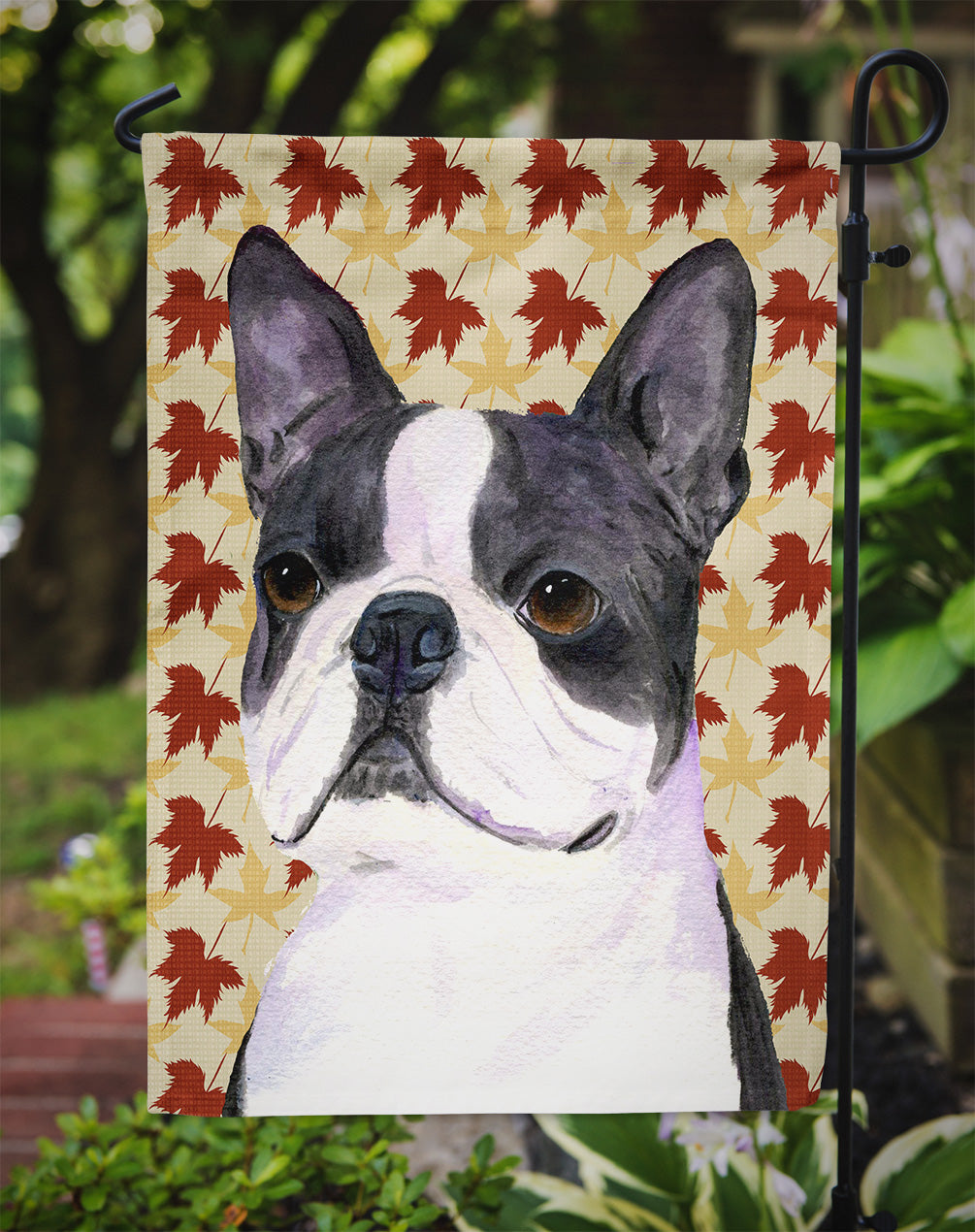 Boston Terrier Fall Leaves Portrait Flag Garden Size.
