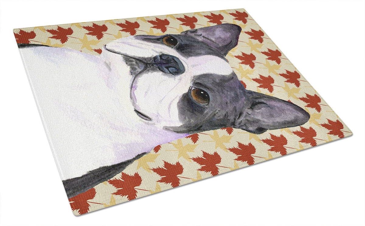 Boston Terrier Fall Leaves Portrait Glass Cutting Board Large by Caroline&#39;s Treasures