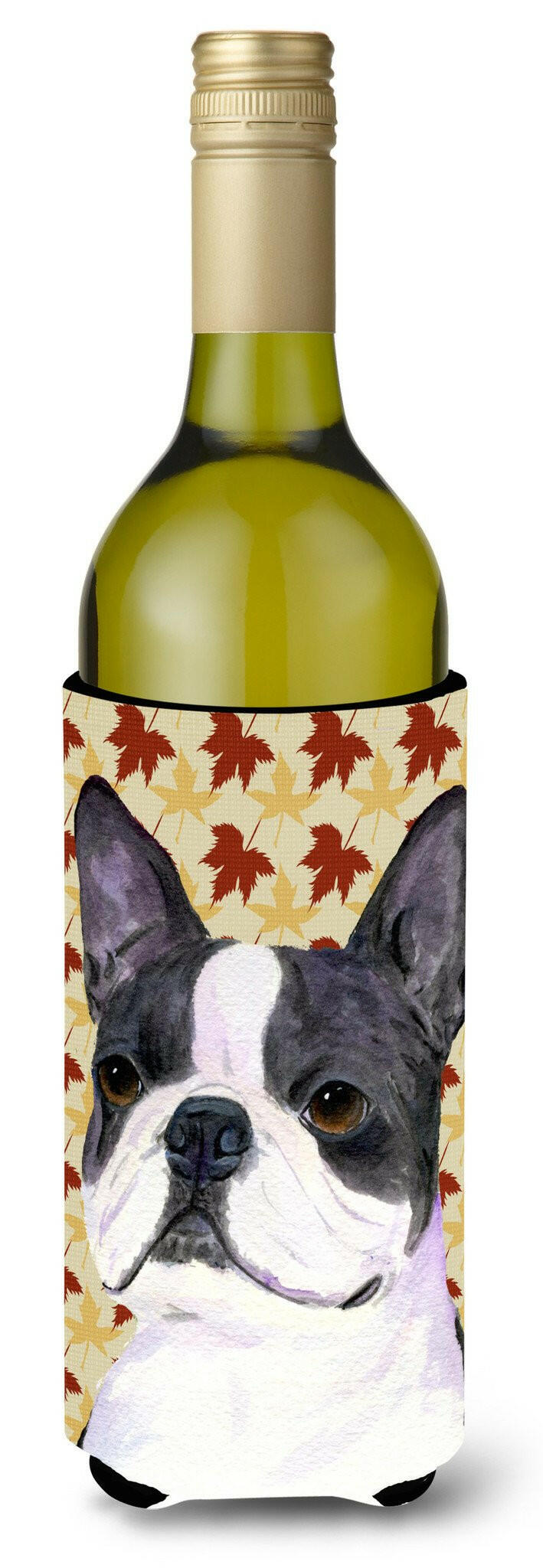 Boston Terrier Fall Leaves Portrait Wine Bottle Beverage Insulator Beverage Insulator Hugger SS4340LITERK by Caroline&#39;s Treasures