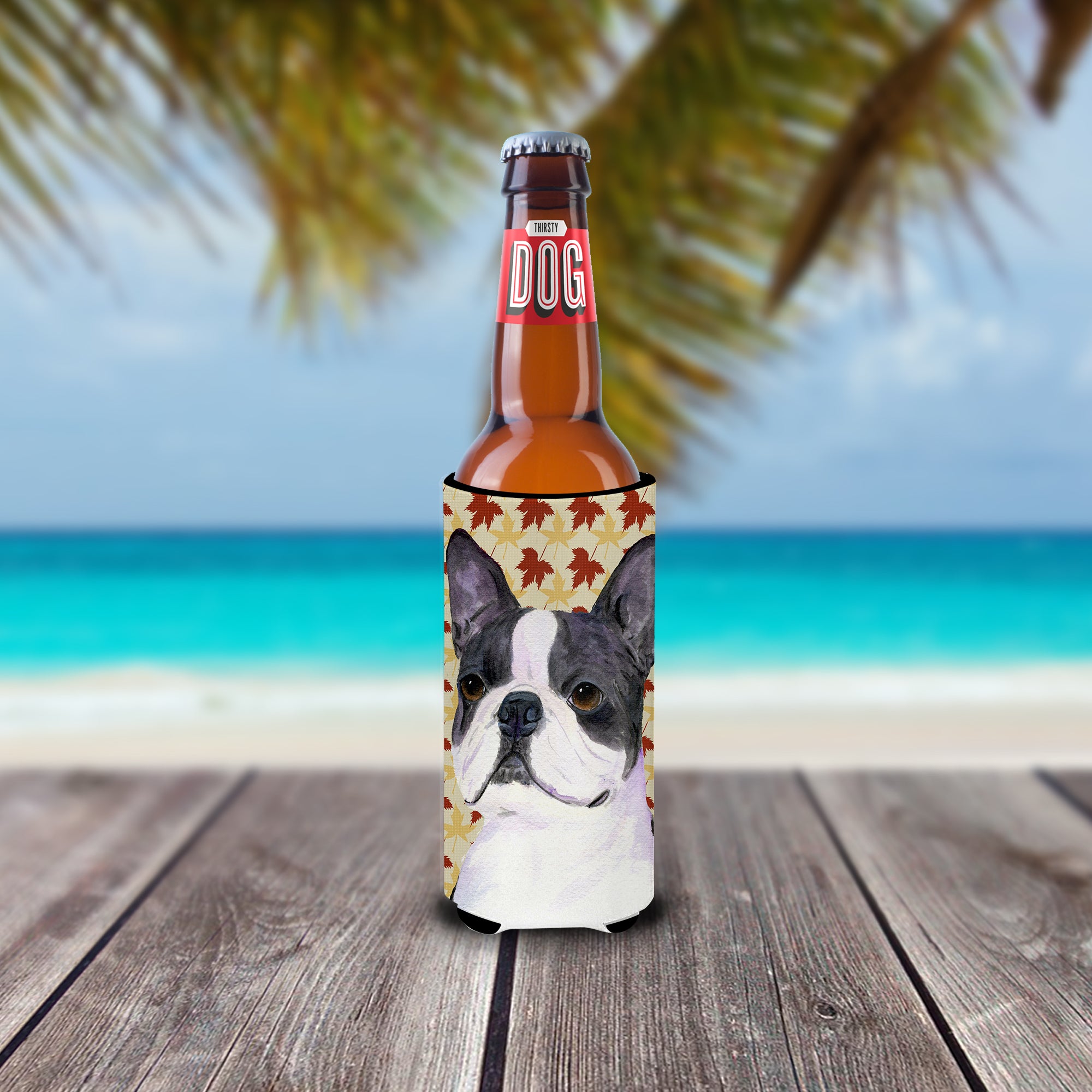 Boston Terrier Fall Leaves Portrait Ultra Beverage Insulators for slim cans SS4340MUK.