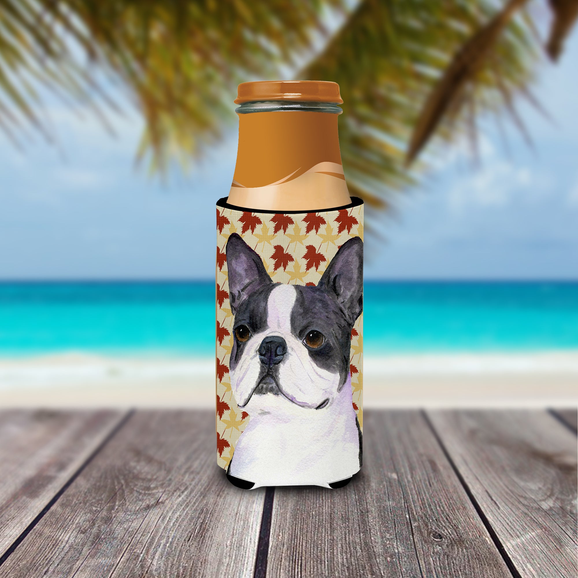 Boston Terrier Fall Leaves Portrait Ultra Beverage Insulators for slim cans SS4340MUK