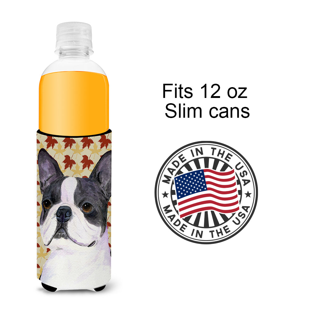 Boston Terrier Fall Leaves Portrait Ultra Beverage Insulators for slim cans SS4340MUK.