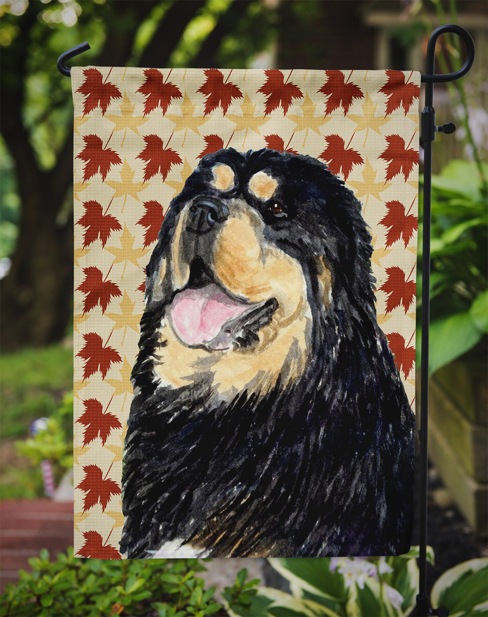 Tibetan Mastiff Fall Leaves Portrait Flag Garden Size.