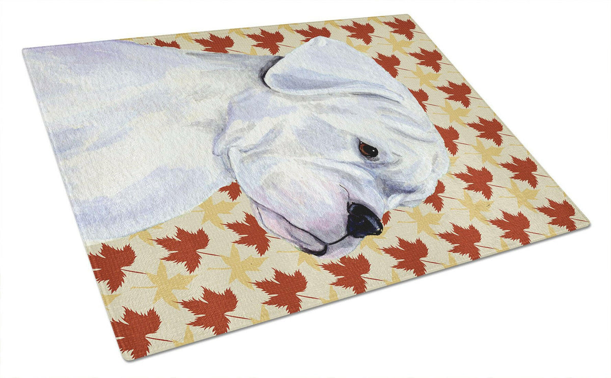 Boxer White Fall Leaves Portrait Glass Cutting Board Large by Caroline&#39;s Treasures