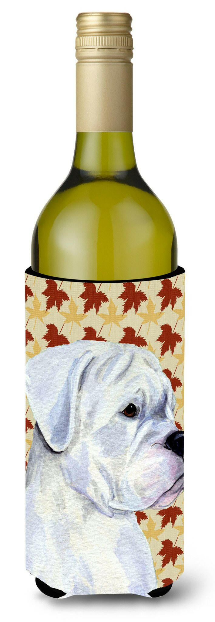Boxer White Fall Leaves Portrait Wine Bottle Beverage Insulator Beverage Insulator Hugger by Caroline&#39;s Treasures