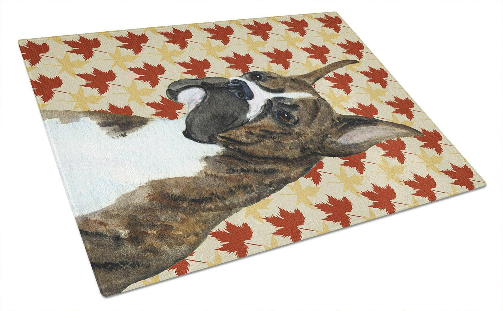 Boxer Brindle Fall Leaves Portrait Glass Cutting Board Large by Caroline's Treasures