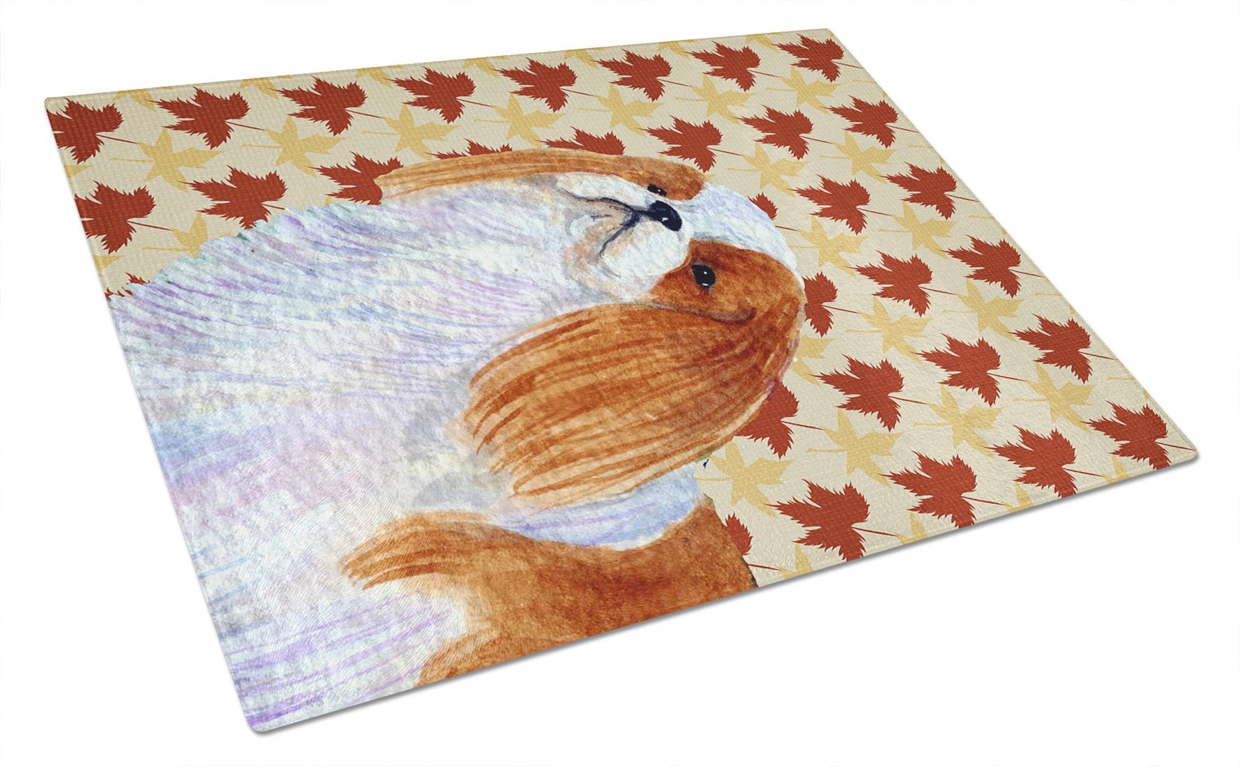 English Toy Spaniel Fall Leaves Portrait Glass Cutting Board Large by Caroline's Treasures