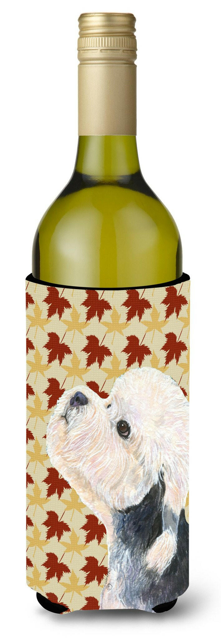 Dandie Dinmont Terrier Fall Leaves Portrait Wine Bottle Beverage Insulator Beverage Insulator Hugger by Caroline's Treasures