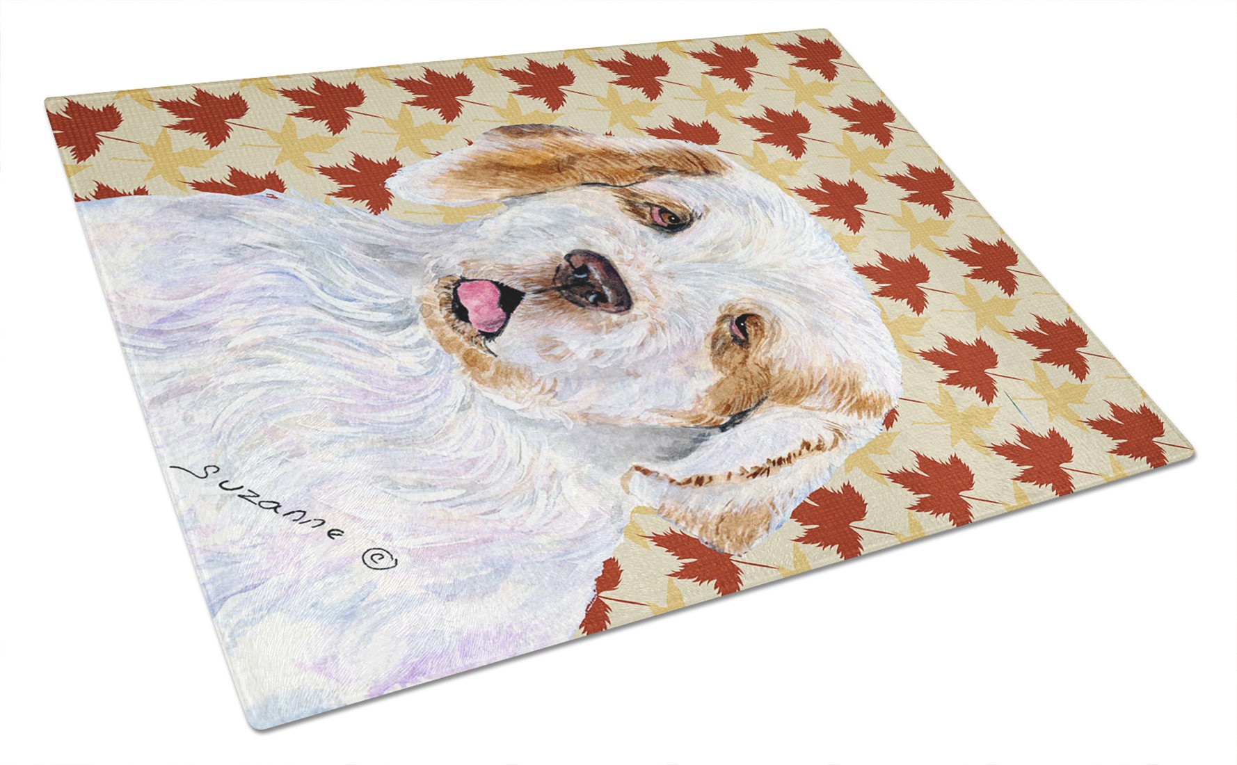 Clumber Spaniel Fall Leaves Portrait Glass Cutting Board Large by Caroline's Treasures