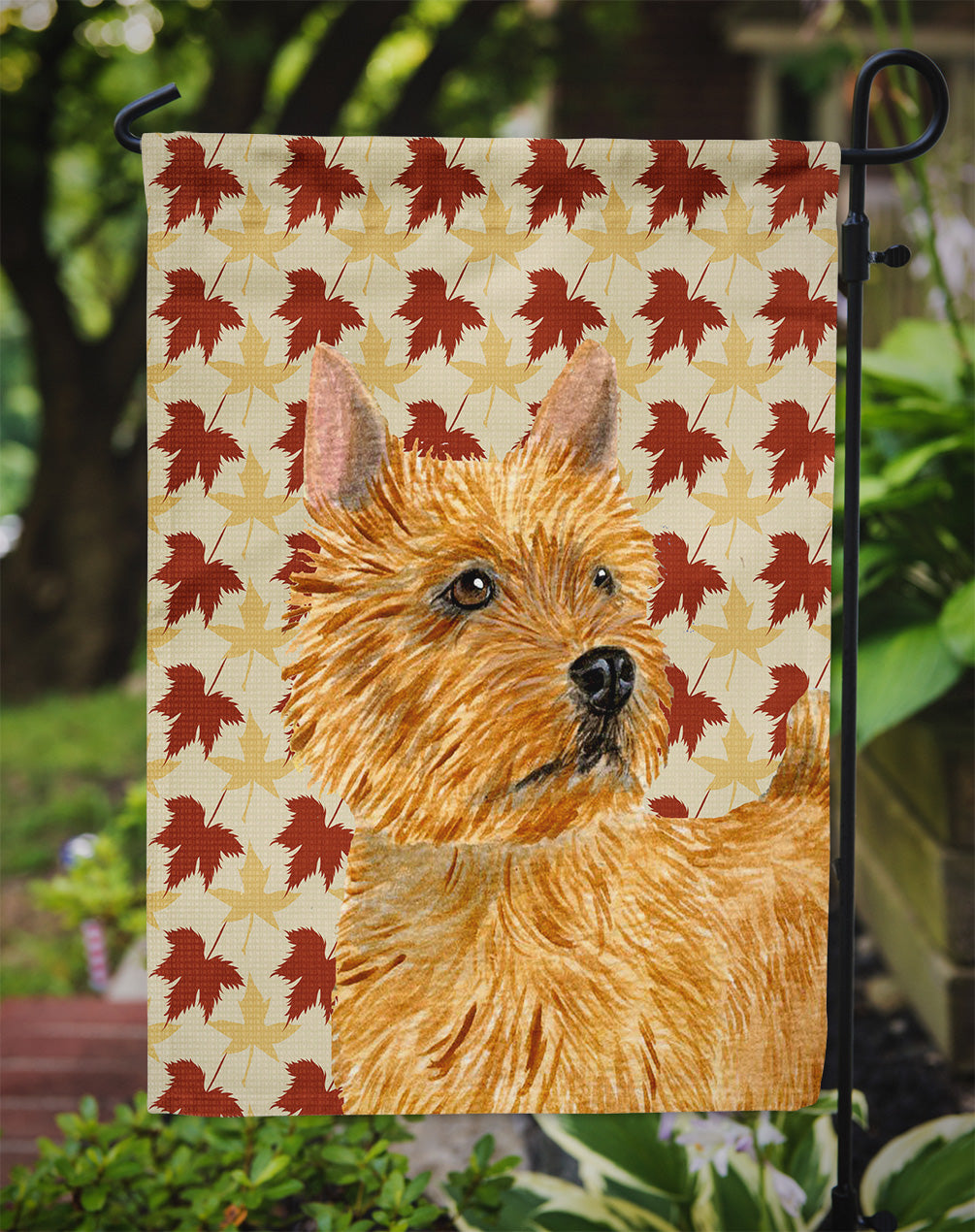 Norwich Terrier Fall Leaves Portrait Flag Garden Size.