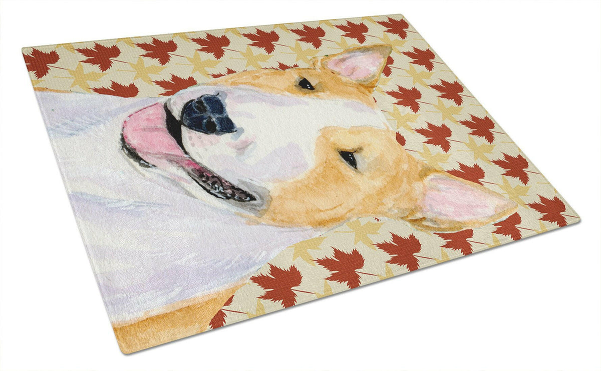 Bull Terrier Fall Leaves Portrait Glass Cutting Board Large by Caroline&#39;s Treasures