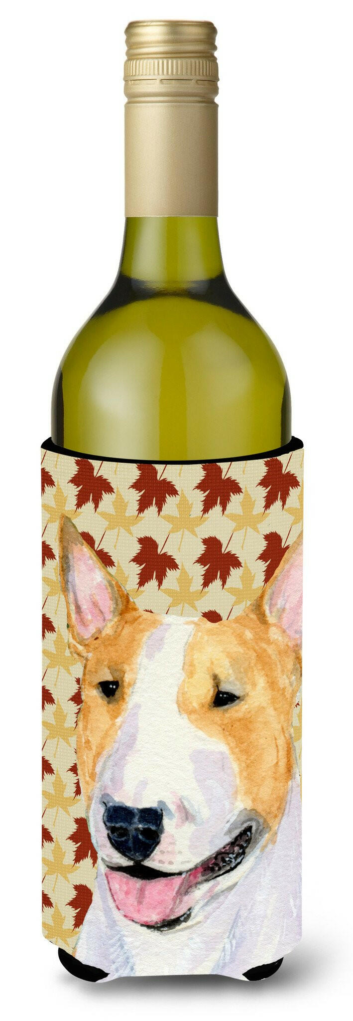 Bull Terrier Fall Leaves Portrait Wine Bottle Beverage Insulator Beverage Insulator Hugger by Caroline&#39;s Treasures