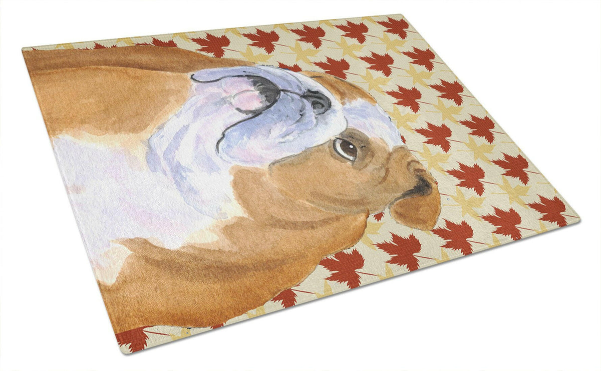Bulldog English Fall Leaves Portrait Glass Cutting Board Large by Caroline&#39;s Treasures