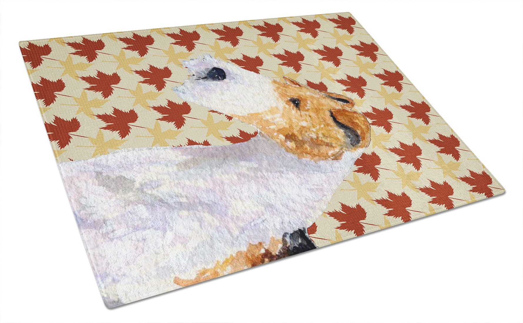 Fox Terrier Fall Leaves Portrait Glass Cutting Board Large by Caroline's Treasures