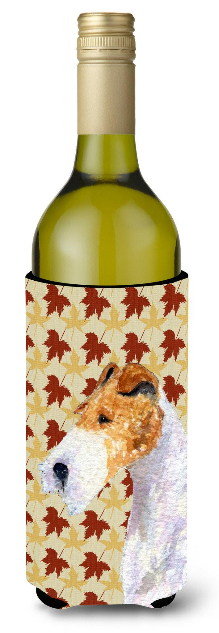Fox Terrier Fall Leaves Portrait Wine Bottle Beverage Insulator Beverage Insulator Hugger by Caroline&#39;s Treasures