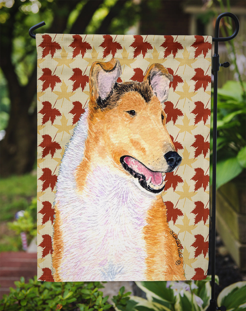 Collie Smooth Fall Leaves Portrait Flag Garden Size.