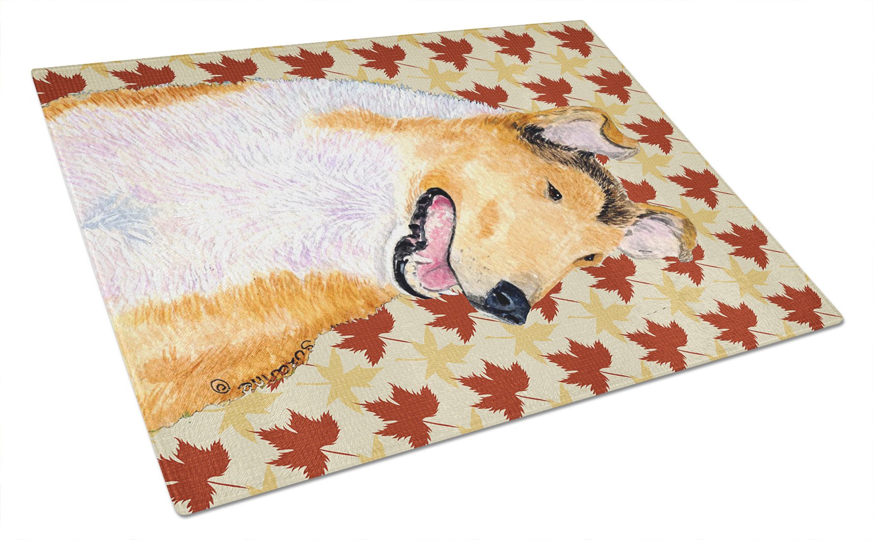Collie Smooth Fall Leaves Portrait Glass Cutting Board Large by Caroline's Treasures