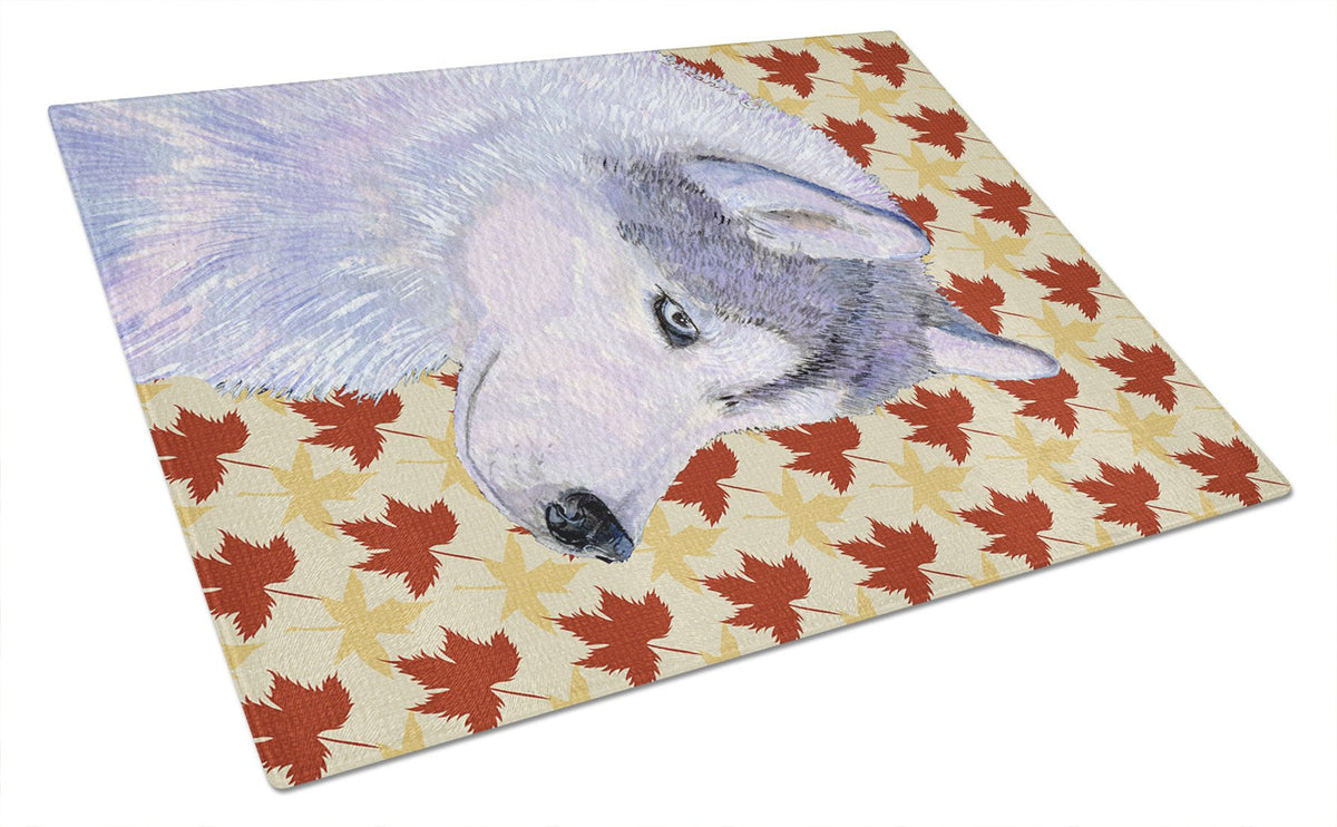 Siberian Husky Fall Leaves Portrait Glass Cutting Board Large by Caroline&#39;s Treasures
