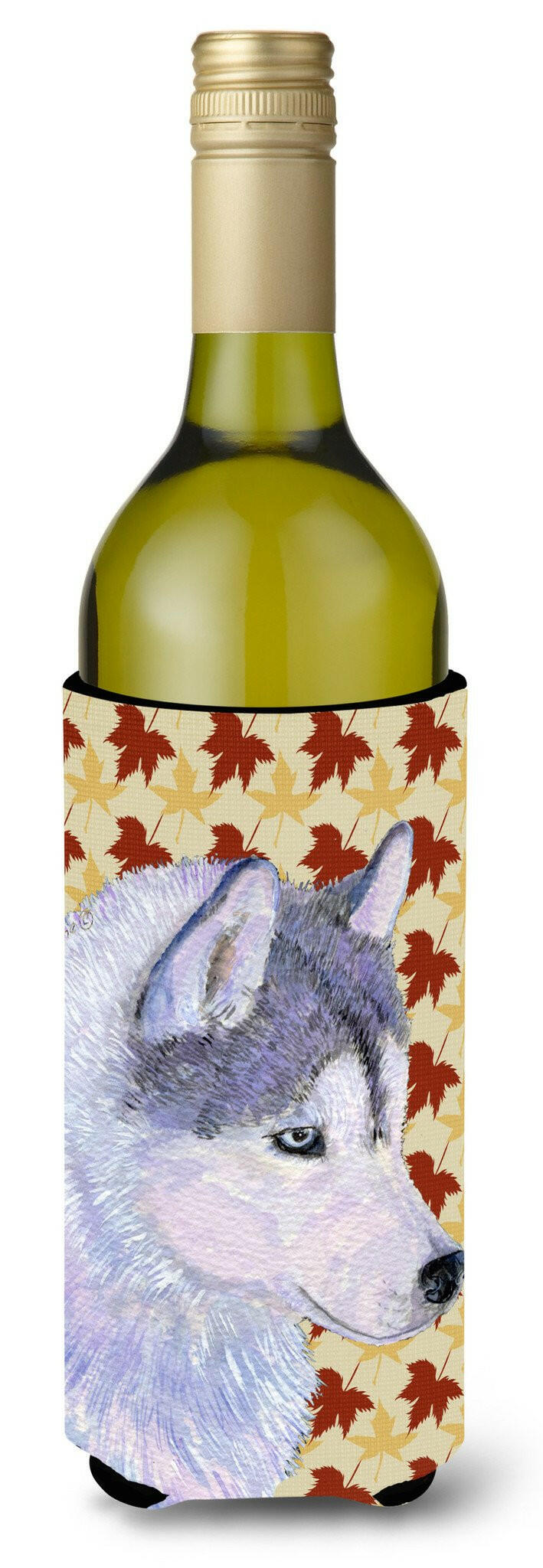 Siberian Husky Fall Leaves Portrait Wine Bottle Beverage Insulator Beverage Insulator Hugger by Caroline&#39;s Treasures