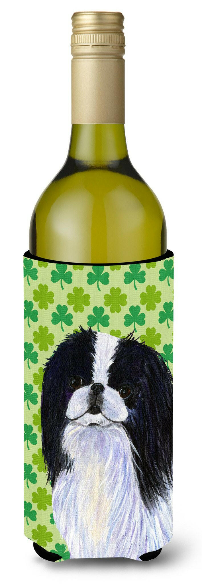 Japanese Chin St. Patrick&#39;s Day Shamrock Portrait Wine Bottle Beverage Insulator Beverage Insulator Hugger by Caroline&#39;s Treasures
