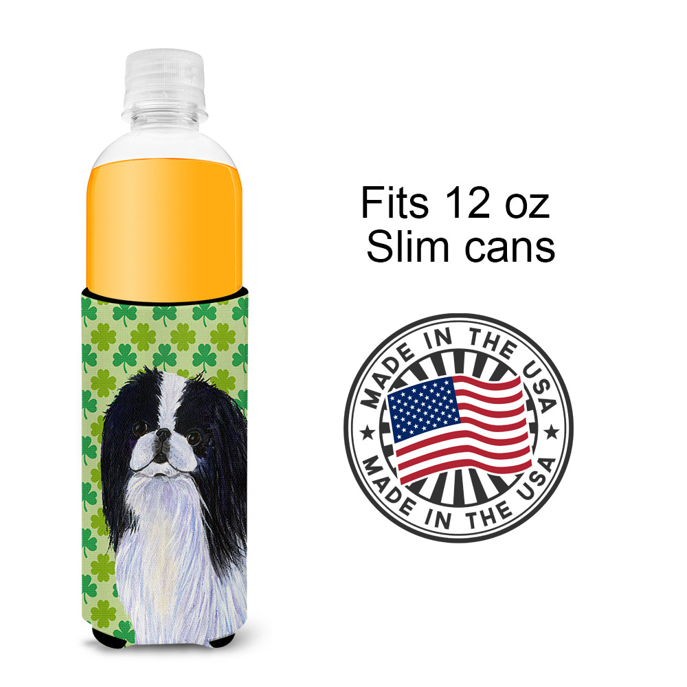Japanese Chin St. Patrick's Day Shamrock Portrait Ultra Beverage Insulators for slim cans SS4398MUK.