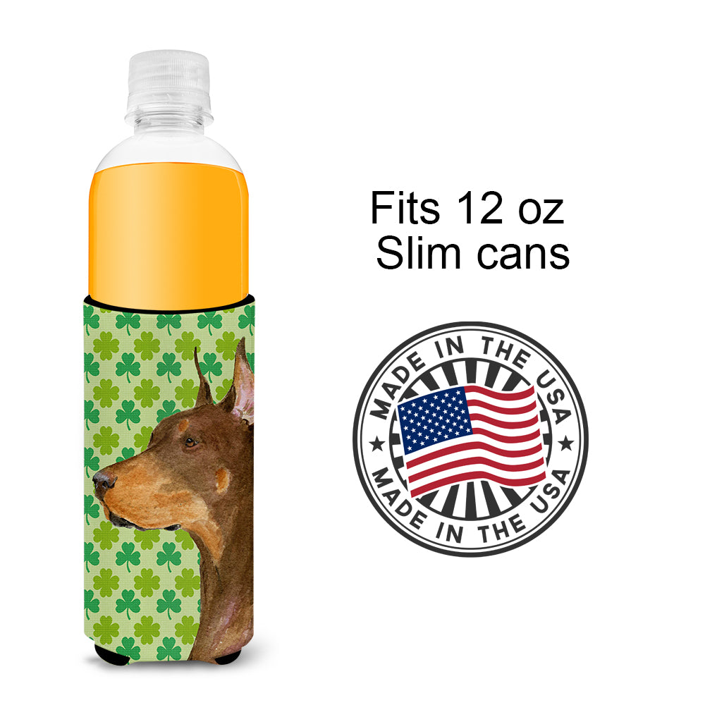 Doberman St. Patrick's Day Shamrock Portrait Ultra Beverage Insulators for slim cans SS4399MUK.