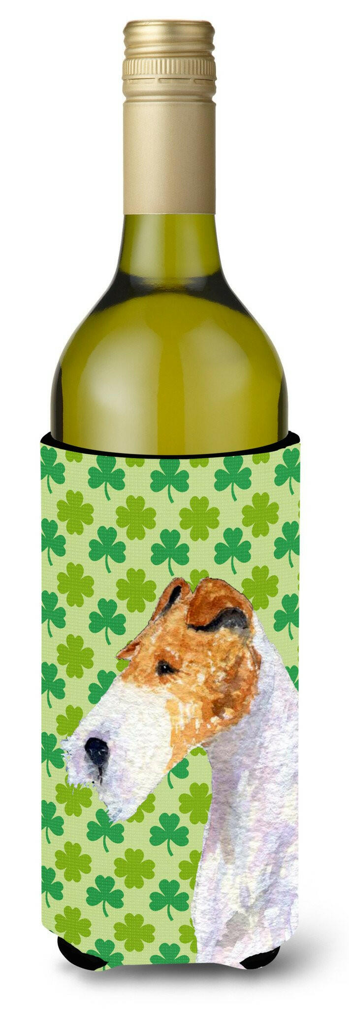 Fox Terrier St. Patrick&#39;s Day Shamrock Portrait Wine Bottle Beverage Insulator Beverage Insulator Hugger by Caroline&#39;s Treasures