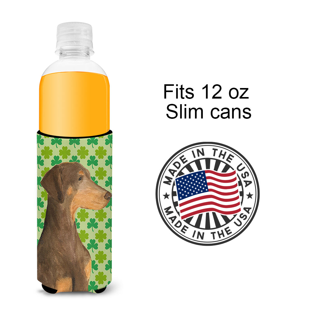Doberman St. Patrick's Day Shamrock Portrait Ultra Beverage Insulators for slim cans SS4410MUK.
