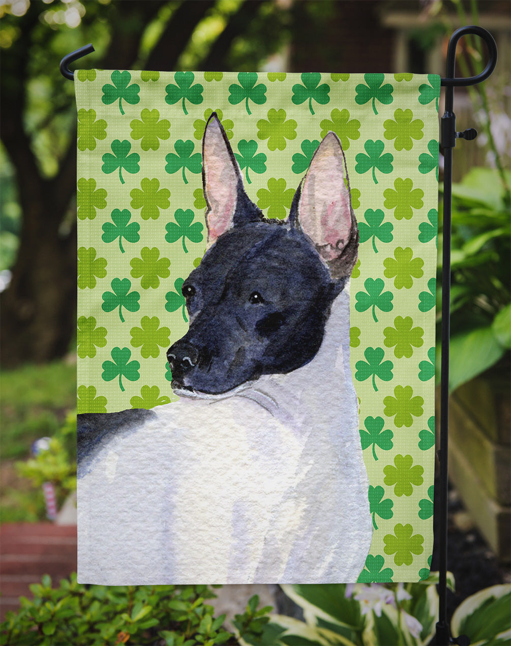 Rat Terrier St. Patrick's Day Shamrock Portrait Flag Garden Size
