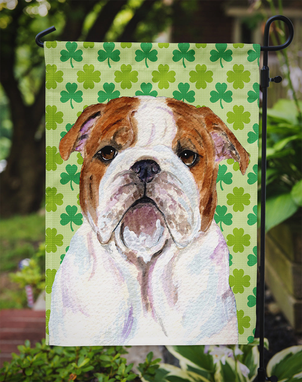 Bulldog English St. Patrick's Day Shamrock Portrait Flag Garden Size.