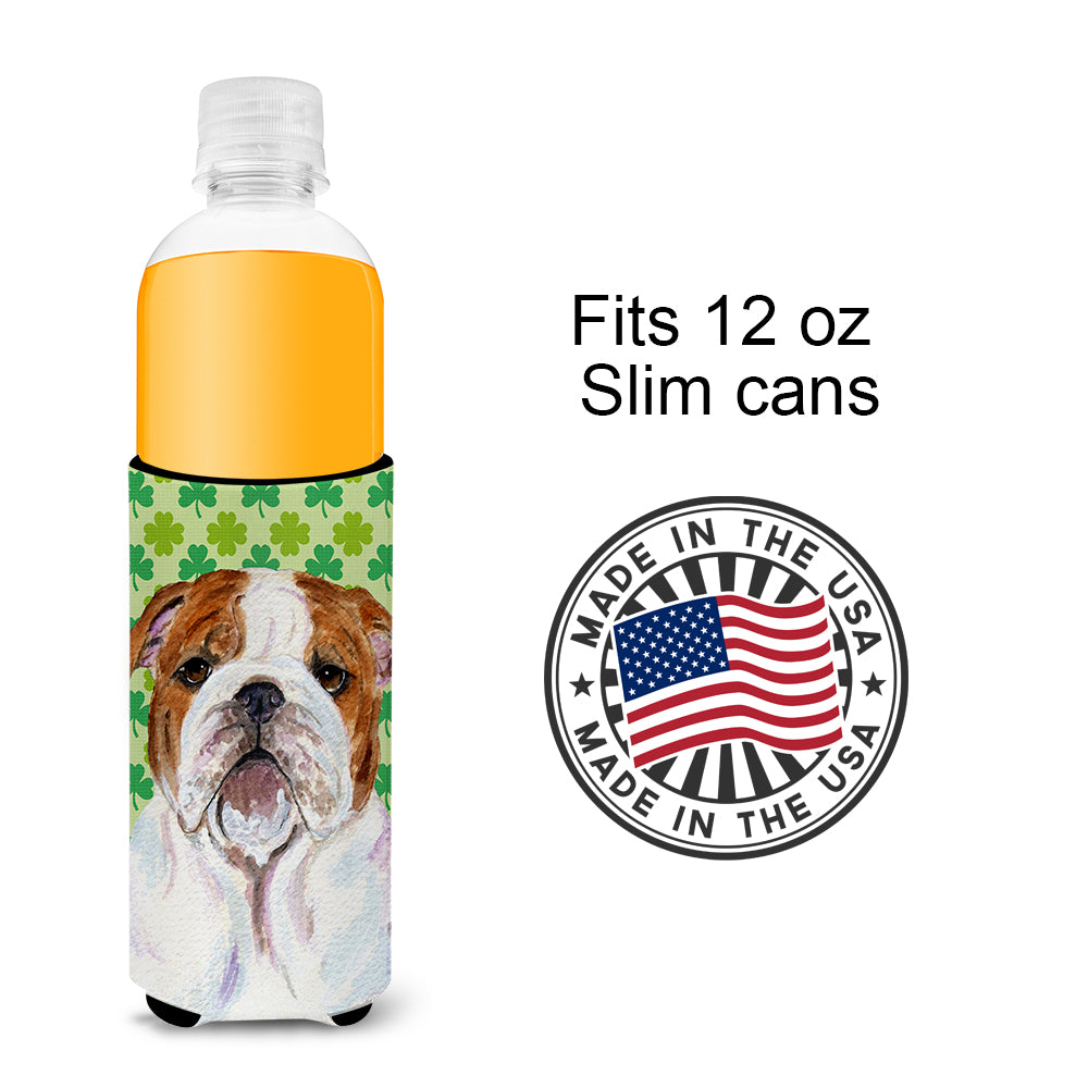Bulldog English St. Patrick's Day Shamrock Portrait Ultra Beverage Insulators for slim cans SS4415MUK.
