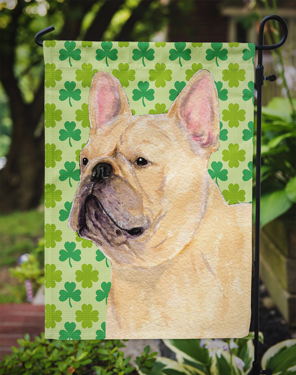 French Bulldog St. Patrick's Day Shamrock Portrait Flag Garden Size.