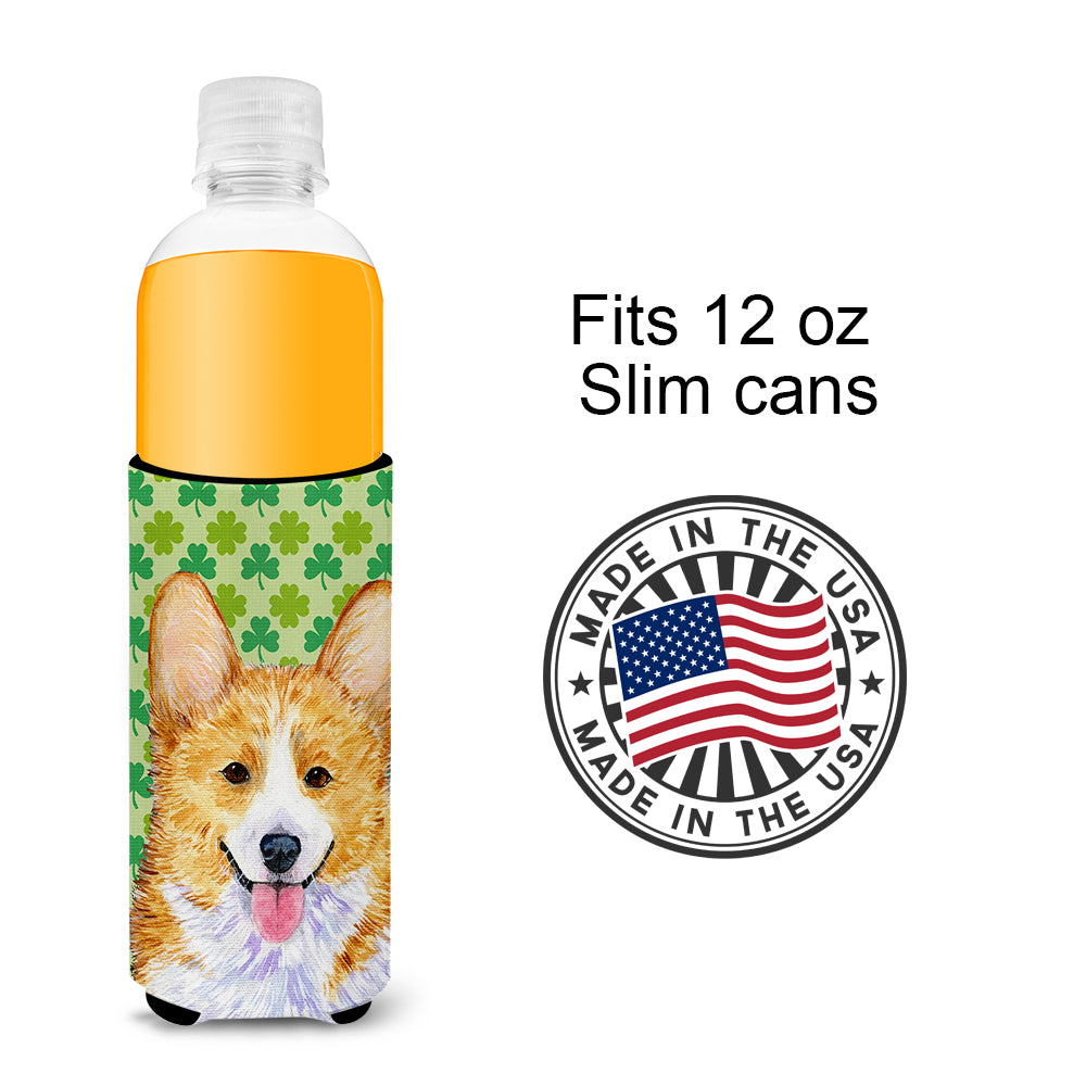 Corgi St. Patrick's Day Shamrock Portrait Ultra Beverage Insulators for slim cans SS4417MUK.