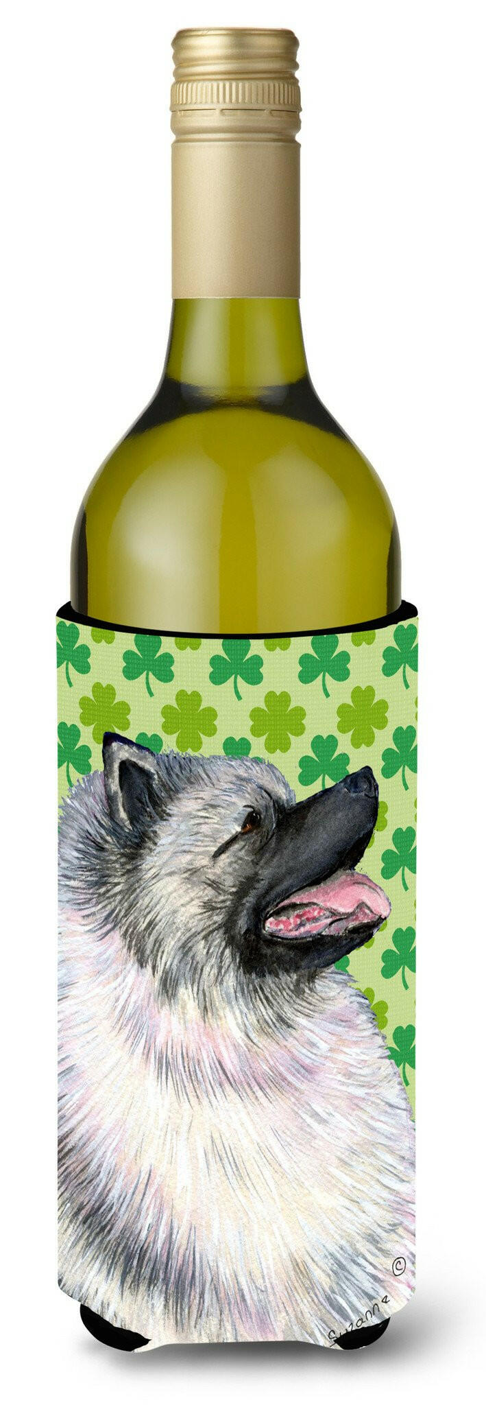 Keeshond St. Patrick&#39;s Day Shamrock Portrait Wine Bottle Beverage Insulator Beverage Insulator Hugger by Caroline&#39;s Treasures