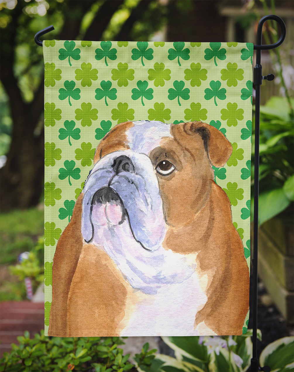 Bulldog English St. Patrick's Day Shamrock Portrait Flag Garden Size