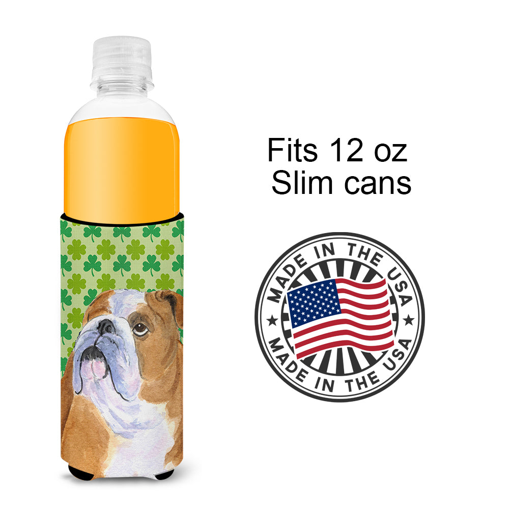 Bulldog English St. Patrick's Day Shamrock Portrait Ultra Beverage Insulators for slim cans SS4422MUK.