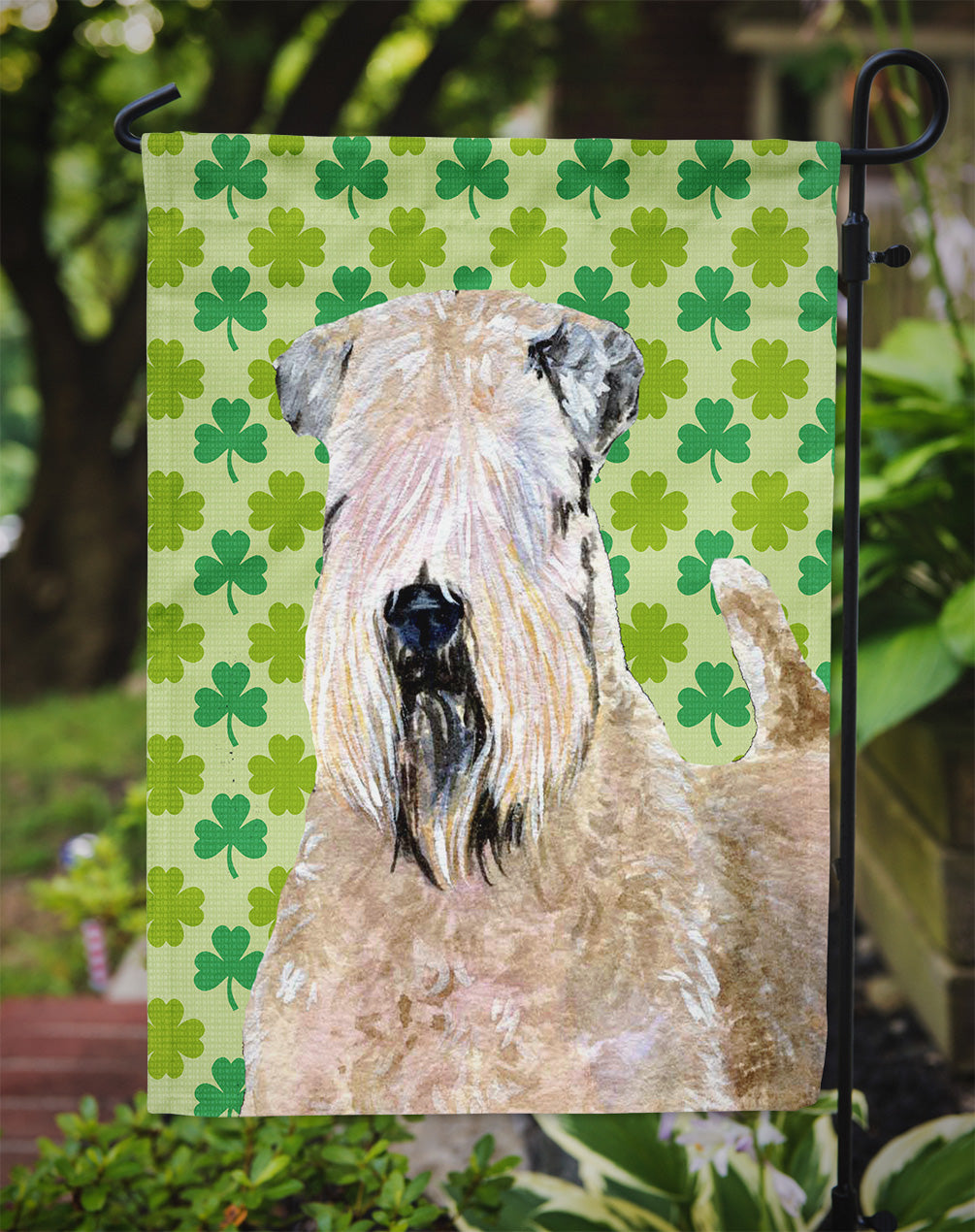 Wheaten Terrier Soft Coated St. Patrick's Day Shamrock Flag Garden Size.