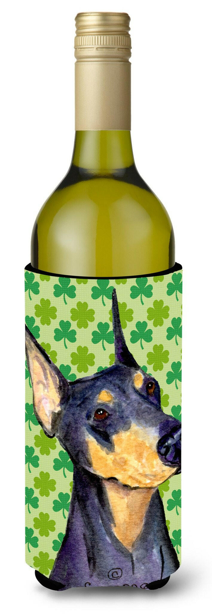 Doberman St. Patrick&#39;s Day Shamrock Portrait Wine Bottle Beverage Insulator Beverage Insulator Hugger by Caroline&#39;s Treasures