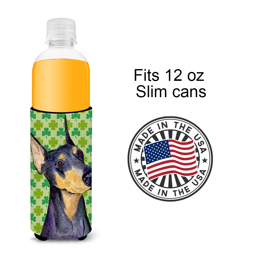 Doberman St. Patrick's Day Shamrock Portrait Ultra Beverage Insulators for slim cans SS4426MUK.