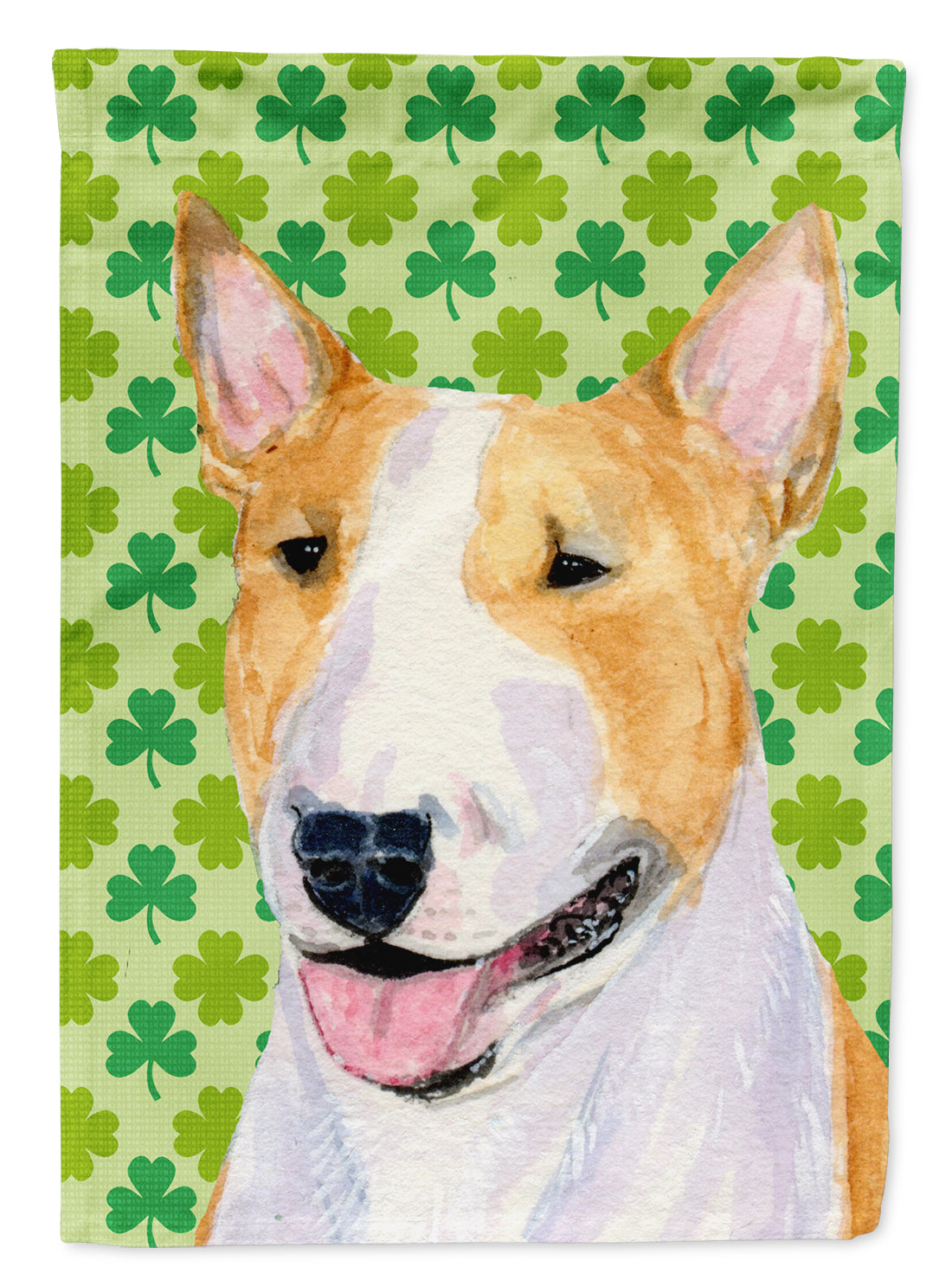 Bull Terrier St. Patrick&#39;s Day Shamrock Portrait Flag Canvas House Size  the-store.com.
