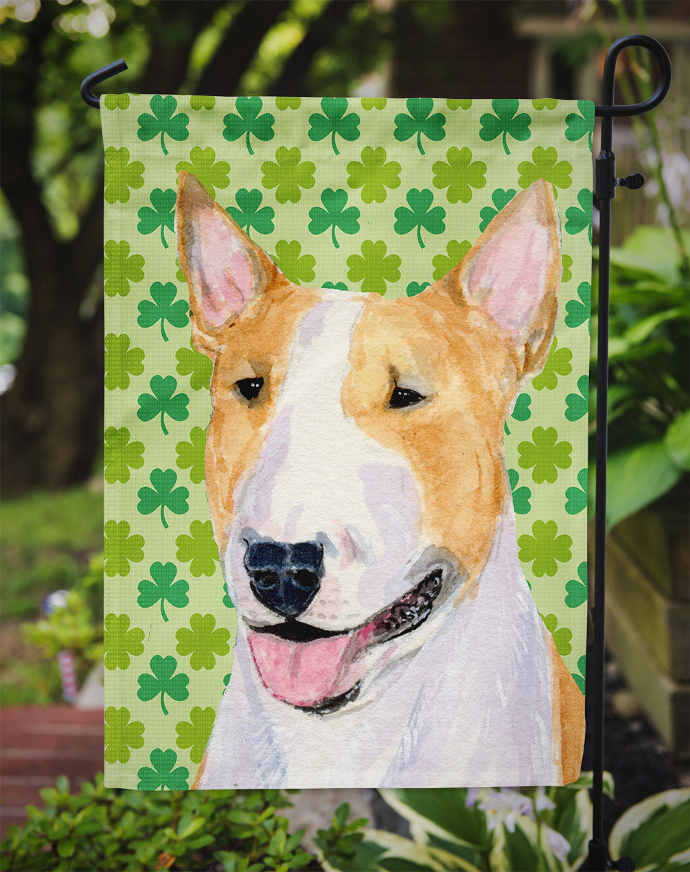 Bull Terrier St. Patrick's Day Shamrock Portrait Flag Garden Size.