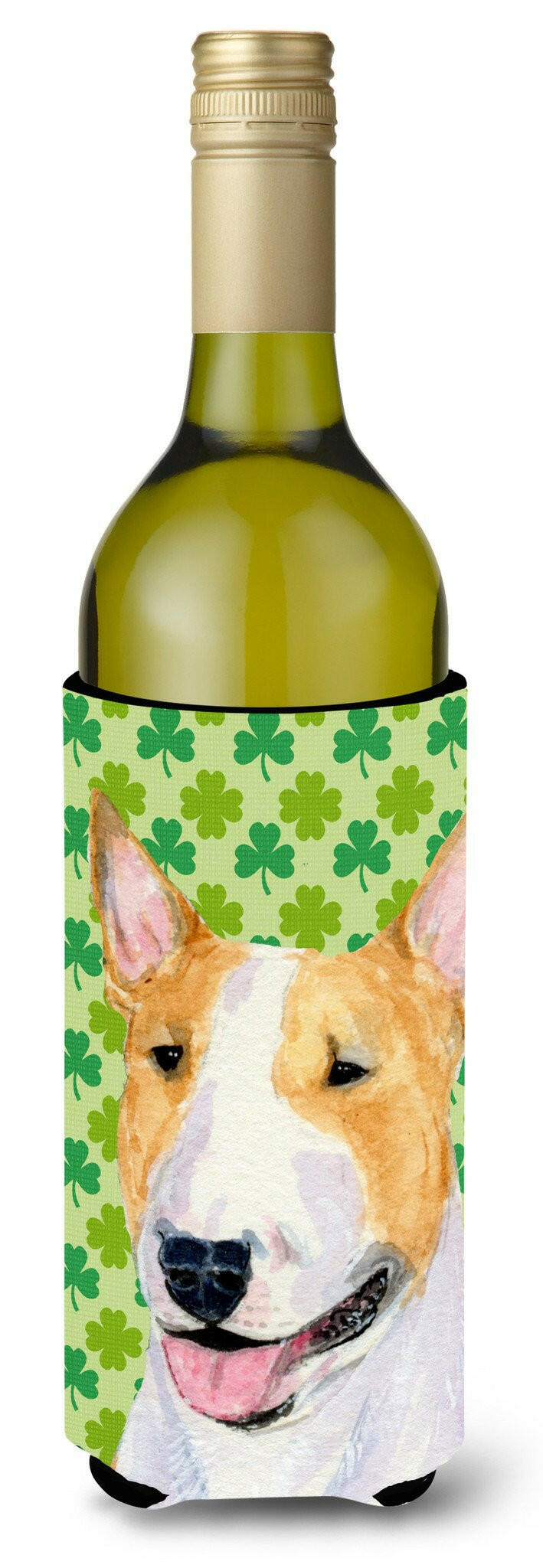 Bull Terrier St. Patrick&#39;s Day Shamrock Portrait Wine Bottle Beverage Insulator Beverage Insulator Hugger by Caroline&#39;s Treasures