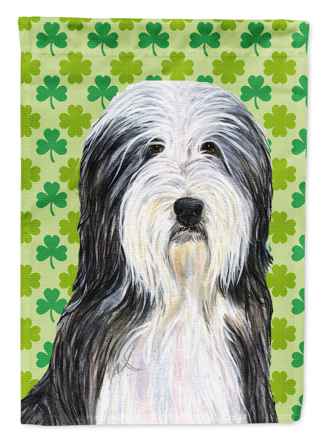 Bearded Collie St. Patrick&#39;s Day Shamrock Portrait Flag Garden Size.