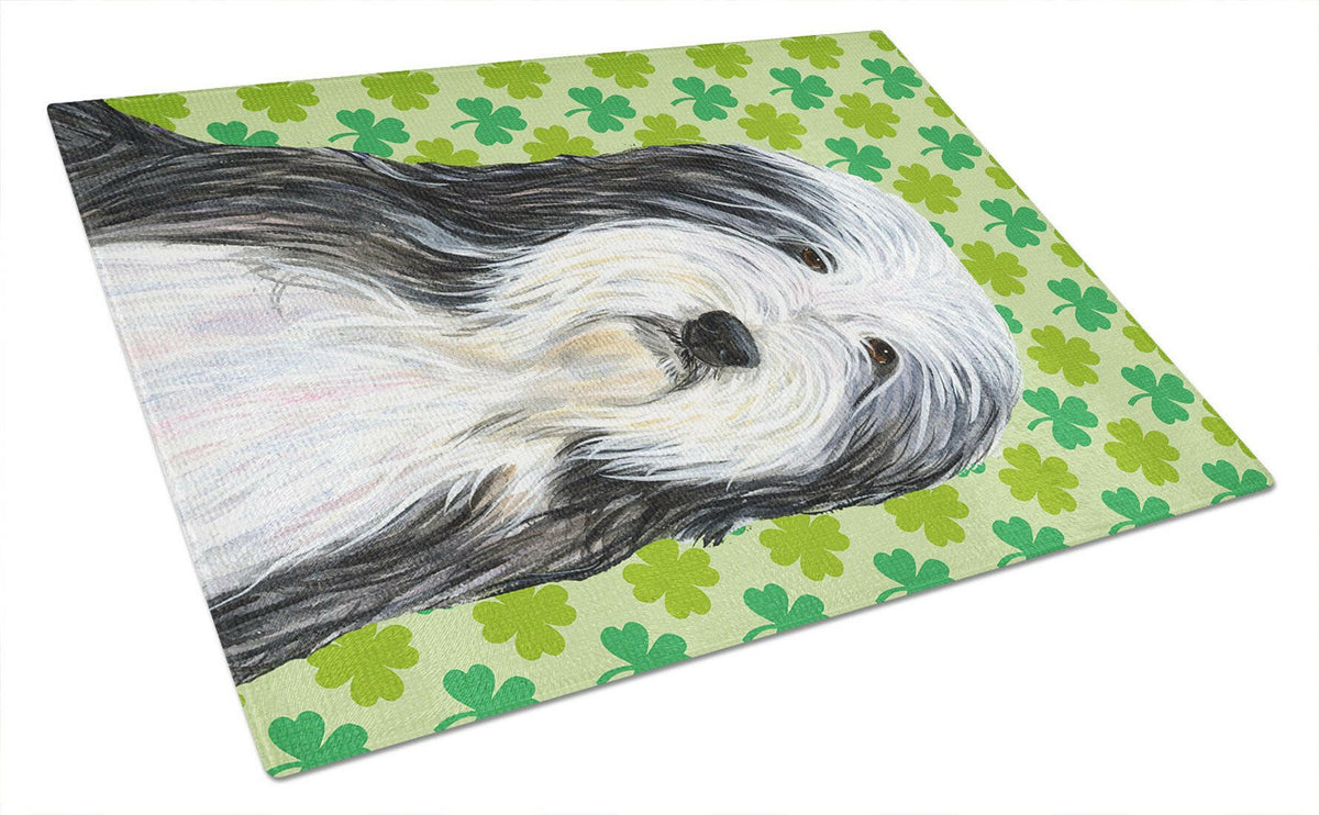 Bearded Collie St. Patrick&#39;s Day Shamrock Portrait Glass Cutting Board Large by Caroline&#39;s Treasures