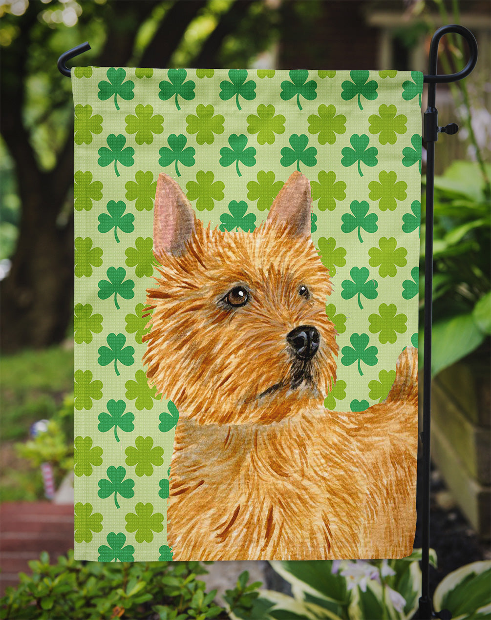 Norwich Terrier St. Patrick's Day Shamrock Portrait Flag Garden Size.
