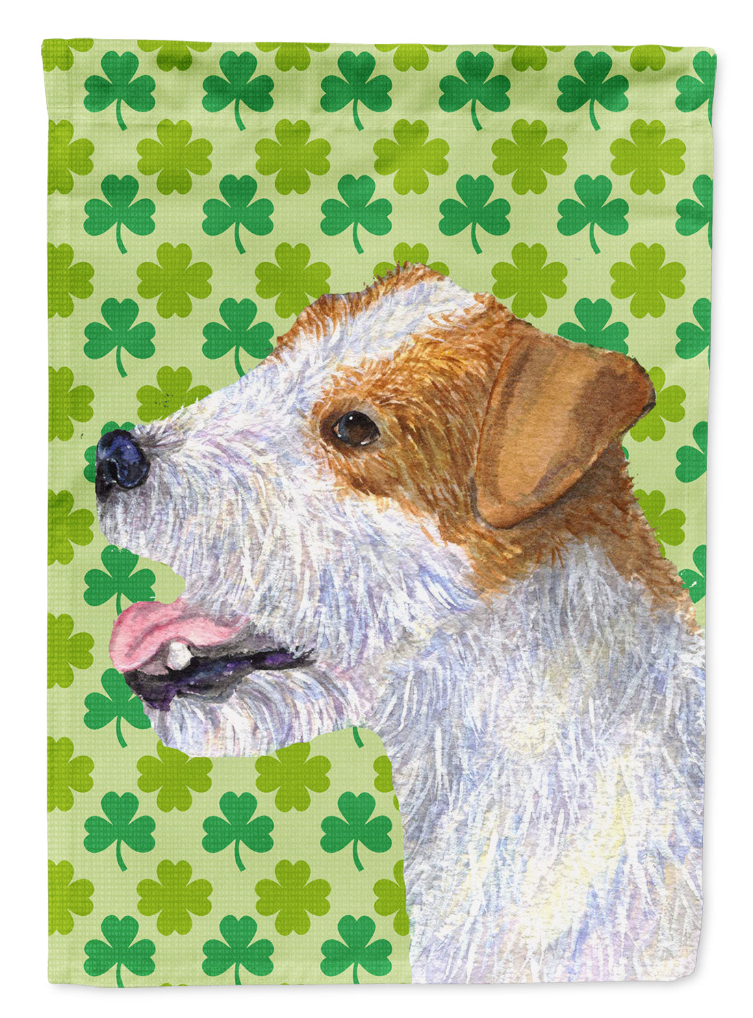 Jack Russell Terrier St. Patrick&#39;s Day Shamrock Portrait Flag Garden Size.