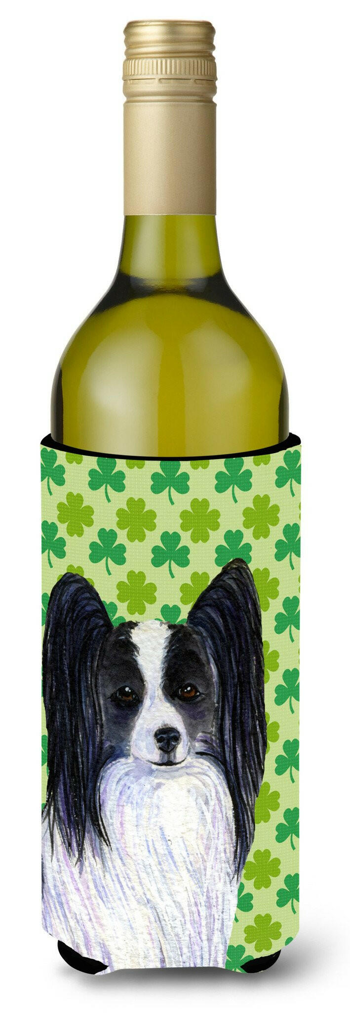 Papillon St. Patrick&#39;s Day Shamrock  Wine Bottle Beverage Insulator Beverage Insulator Hugger by Caroline&#39;s Treasures